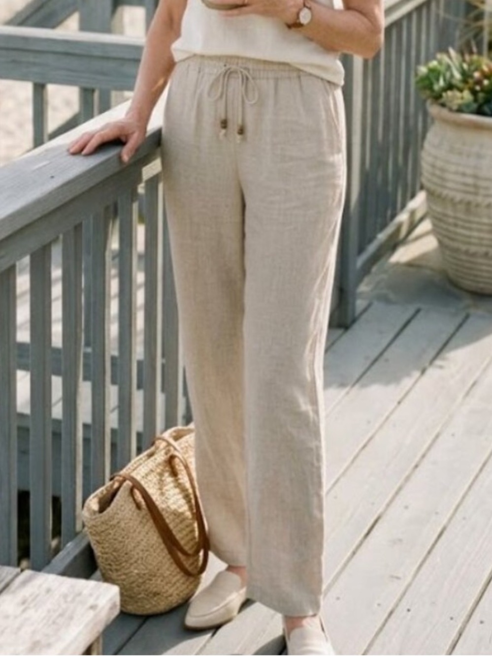 Linen Blend Coastal Beige Trousers Beaded Drawstring Elastic Waist 14 P